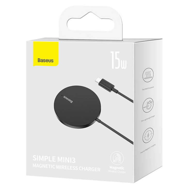 Baseus Simple Mini3 Mágneses (MagSafe), vezeték nélküli töltő, 15W (fekete) Baseus Simple Mini3 Mágneses (MagSafe), vezeték nélküli töltő, 15W (fekete)