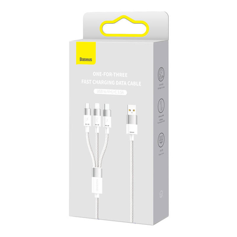 Baseus StarSpeed 3 az 1-ben kábel USB - USB-C + Micro-USB + Lightning, 3,5A, 1.2m (fehér) Baseus StarSpeed 3 az 1-ben kábel USB - USB-C + Micro-USB + Lightning, 3,5A, 1.2m (fehér)