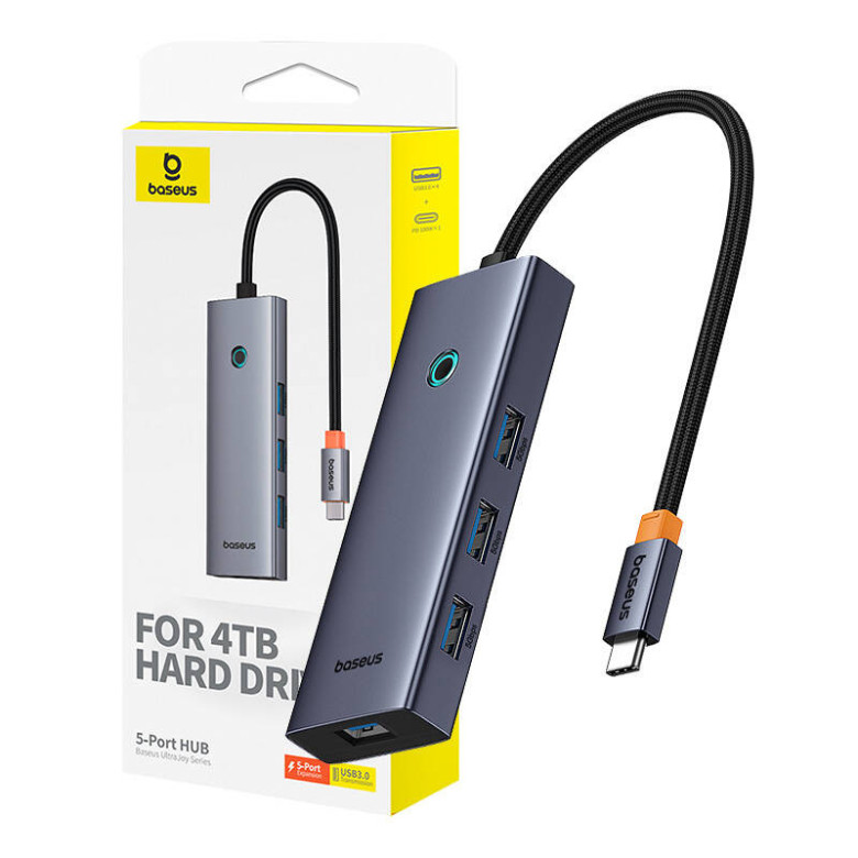 Baseus UltraJoy 5 portos hub, 4xUSB 3.0, PD (szürke)