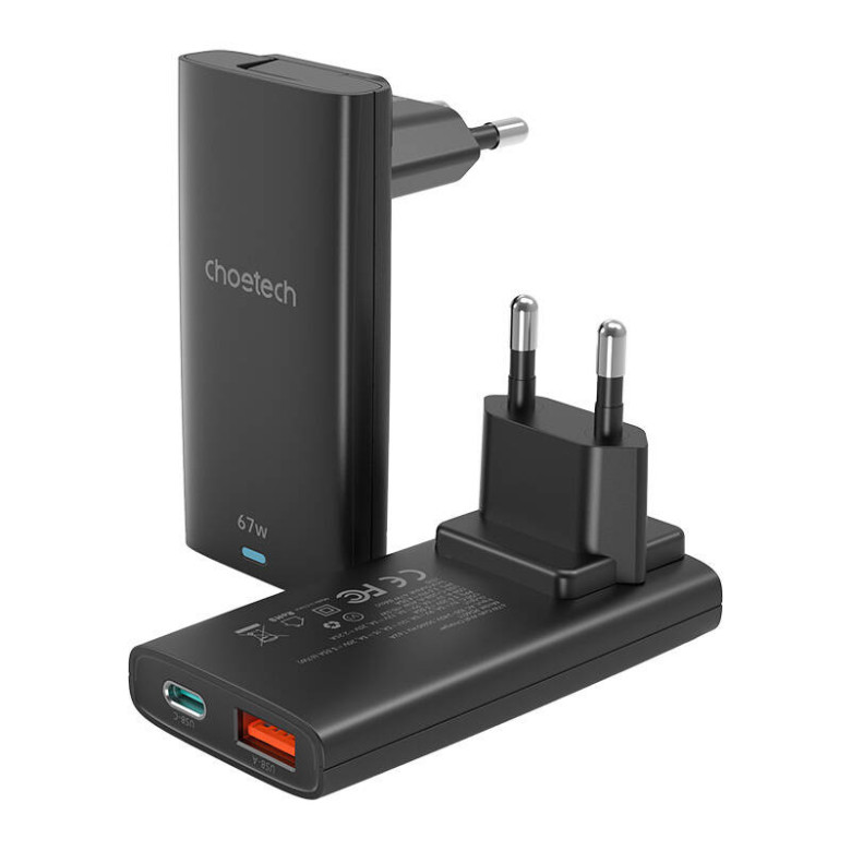Choetech PD6011 USB-A+USB-C GaN lapos töltő, PD 65W (fekete)