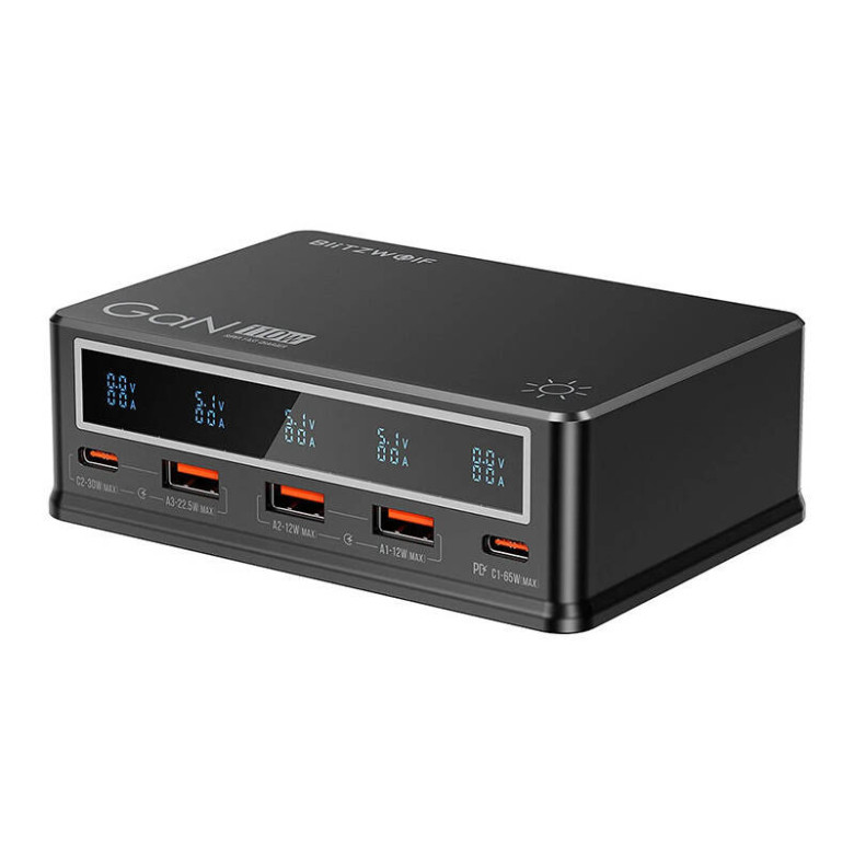 BlitzWolf BW-i9 asztali töltő, 110W, PD, 3xUSB-A, 2xUSB-C (fekete)