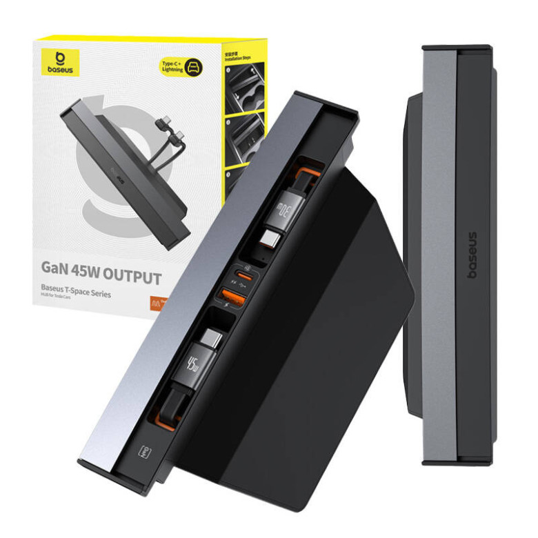 Hub Baseus T-Space USB-C USB-C kábelekkel Tesla autókhoz (fekete) Hub Baseus T-Space USB-C USB-C kábelekkel Tesla autókhoz (fekete)
