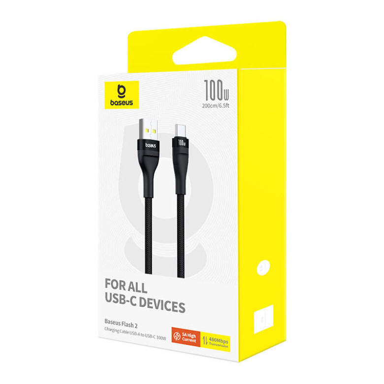 Töltőkábel Baseus Flash 2 USB-ről USB-C 100W-ra, 2m (fekete) Töltőkábel Baseus Flash 2 USB-ről USB-C 100W-ra, 2m (fekete)