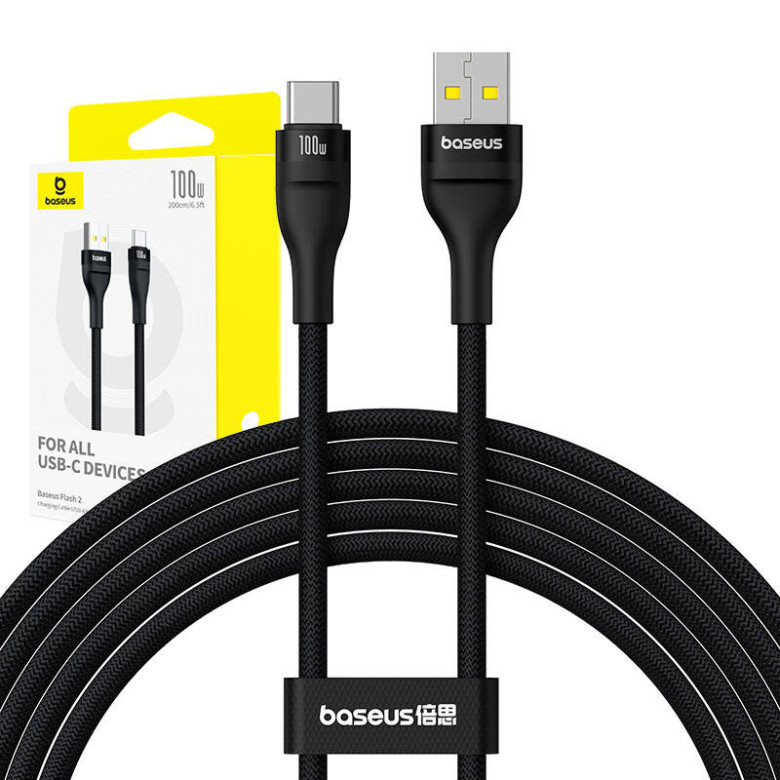 Töltőkábel Baseus Flash 2 USB-ről USB-C 100W-ra, 2m (fekete) Töltőkábel Baseus Flash 2 USB-ről USB-C 100W-ra, 2m (fekete)