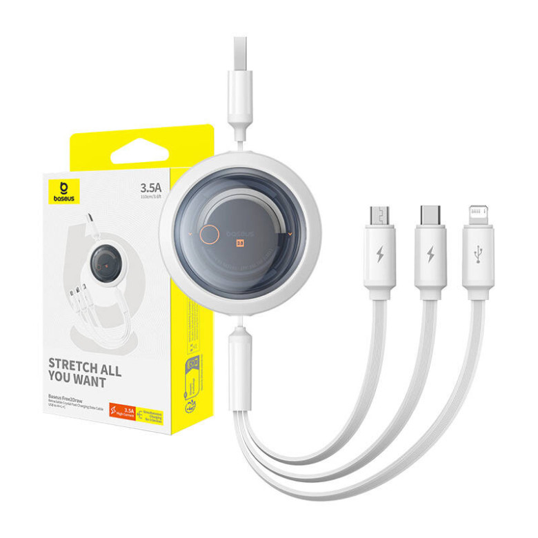 Gyors töltőkábel 3in1 Baseus Free2Draw, USB micro USB+USB-C+Lightning, 3.5A, 1.1m (fehér) Gyors töltőkábel 3in1 Baseus Free2Draw, USB micro USB+USB-C+Lightning, 3.5A, 1.1m (fehér)