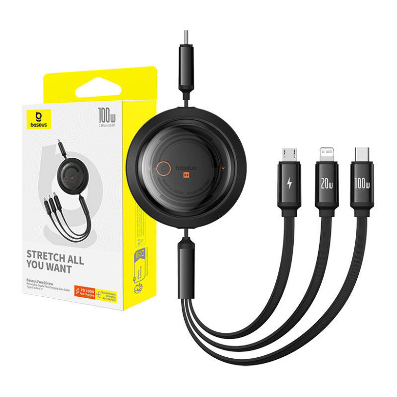 Fast Charging Cable 3in1 Baseus Free2Draw USB-C to USB-C/Lightning/Micro 100W, 1,1m (black) Fast Charging Cable 3in1 Baseus Free2Draw USB-C to USB-C/Lightning/Micro 100W, 1,1m (black)