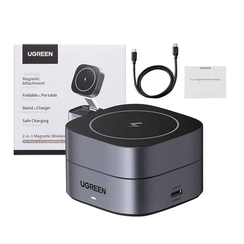 Qi Inductive charger 2in1 for iPhone, AirPods Ugreen W256, 20W (black) + USB-C to USB-C cable 1m Qi Inductive charger 2in1 for iPhone, AirPods Ugreen W256, 20W (black) + USB-C to USB-C cable 1m