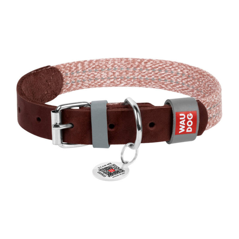 Leather dog collar with QR code Waudog size L w. 25mm, brown Leather dog collar with QR code Waudog size L w. 25mm, brown
