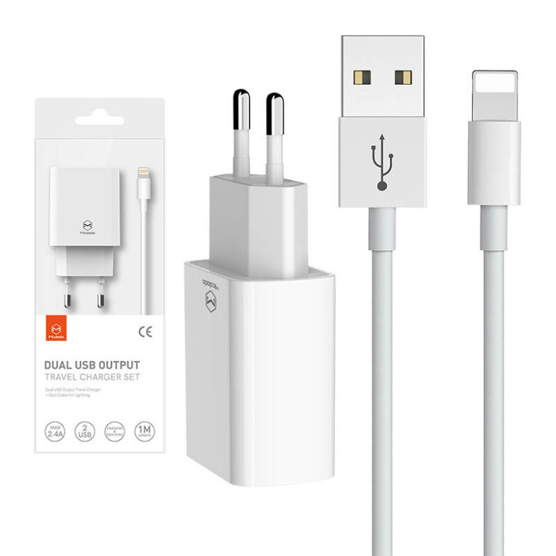 Kettős USB töltő Mcdodo CH-6720 (EU) Lightning 1m utazási szett (fehér)