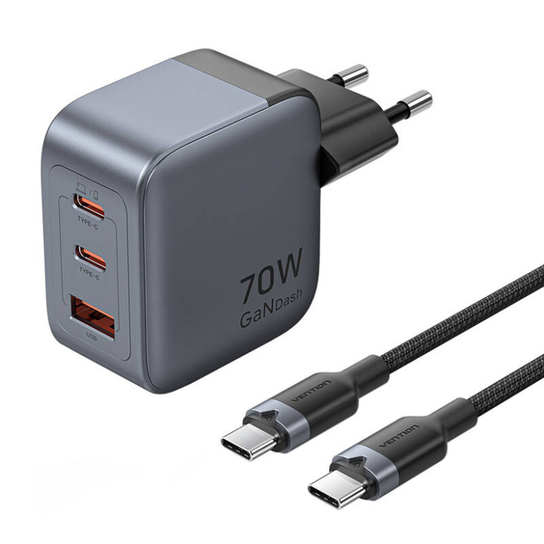 Vention GaN Charger USB-C+C+A 70W +1m USB-C-C Cable (Gray)