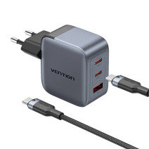 Vention GaN Charger USB-C+C+A 70W +1m USB-C-C Cable (Gray)