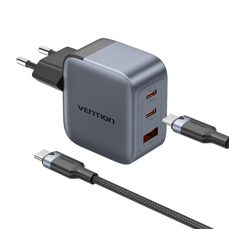 Vention GaN Charger USB-C+C+A 70W +1m USB-C-C Cable (Gray)