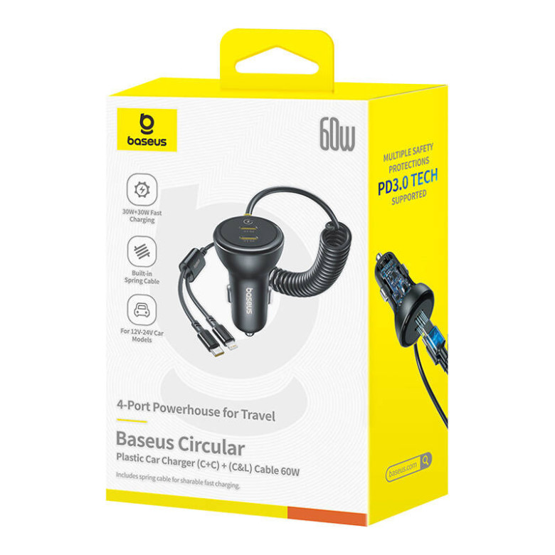 Car Charger 60W Baseus USB-C+Lightning Cable (Black) Car Charger 60W Baseus USB-C+Lightning Cable (Black)