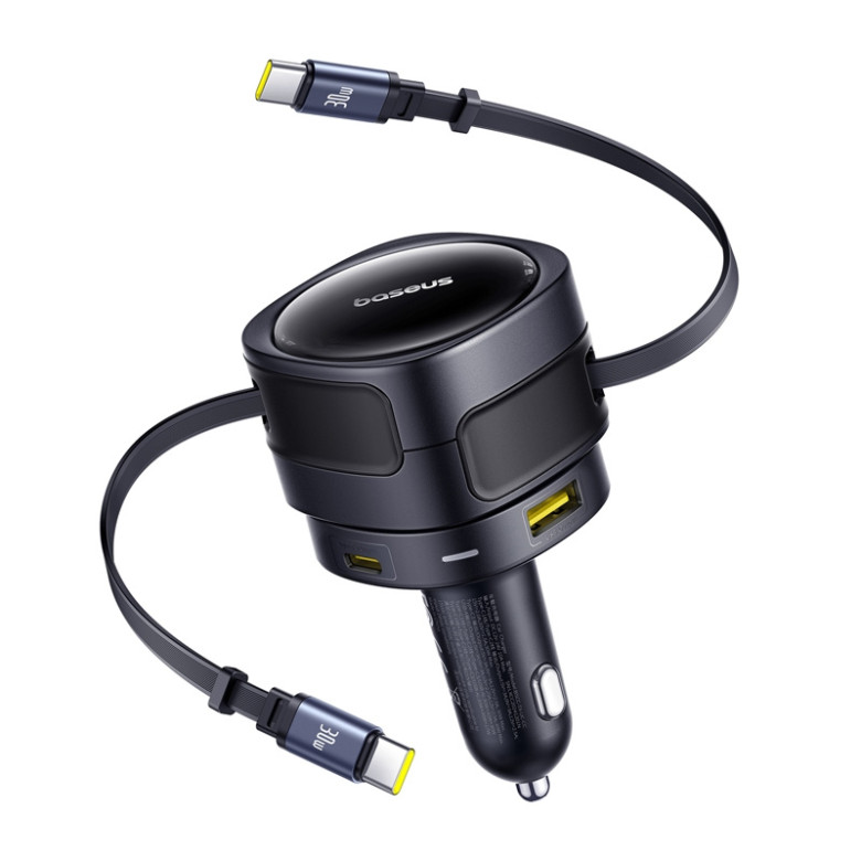 Baseus Enjoyment Max autós töltő USB-C+USB-C kábelekkel és USB-A+USB-C portokkal 90W Fekete