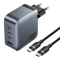 Vention 2x USB-C, 2x USB-A, (100W/100W/30W/30W) power charger (grey) with USB-C to USB-C cable (1m) (black)