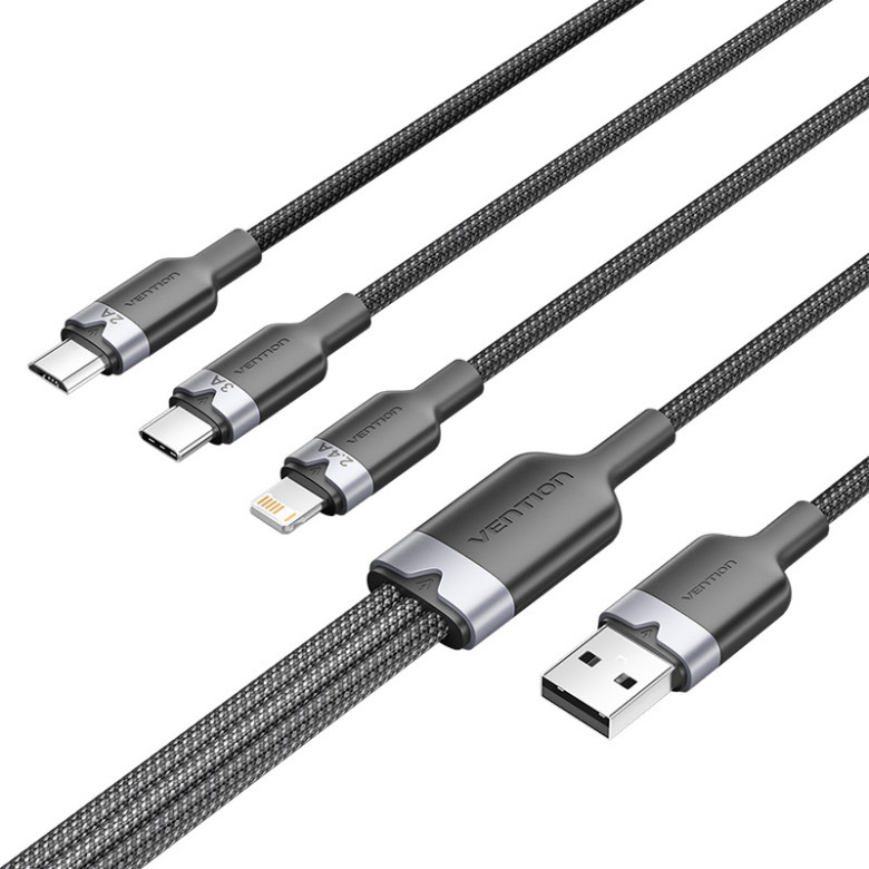 USB 2.0 A hím és 3 az 1-ben USB-C, Lightning és Micro-B hím kábel Vention 3A CTPBG 1.5m USB 2.0 A hím és 3 az 1-ben USB-C, Lightning és Micro-B hím kábel Vention 3A CTPBG 1.5m