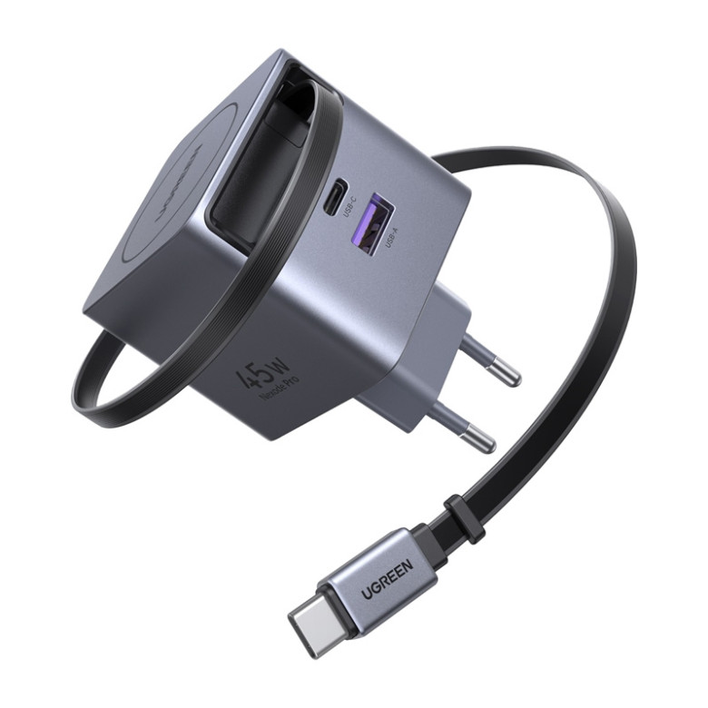 Ugreen X614 GaN Wall Charger, USB-C + USB, 45W, with Retractable Cable (Gray)