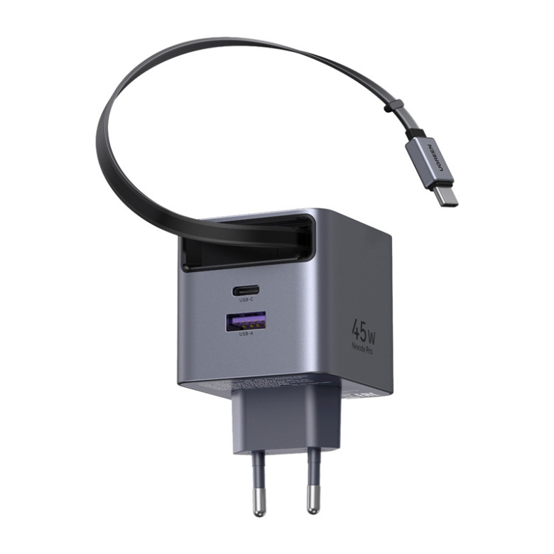 Ugreen X614 GaN Wall Charger, USB-C + USB, 45W, with Retractable Cable (Gray)
