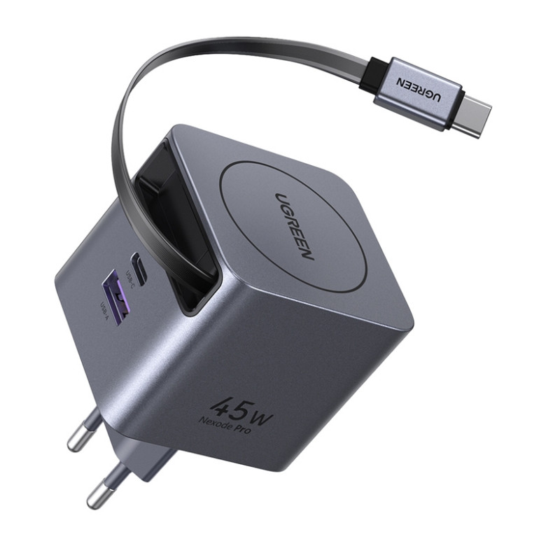 Ugreen X614 GaN Wall Charger, USB-C + USB, 45W, with Retractable Cable (Gray)