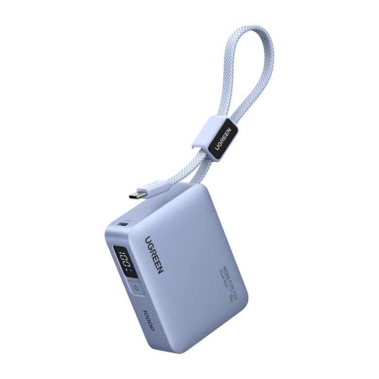 Ugreen PB584 10000mAh Power Bank, USB + USB-C, 33W, Built-in Cable (Gray)