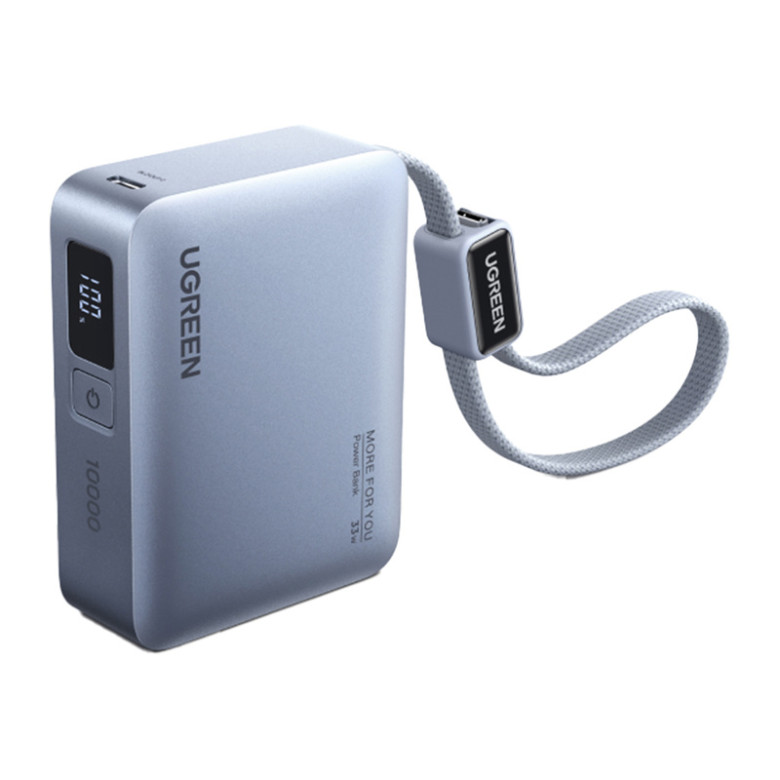 Ugreen PB584 10000mAh Power Bank, USB + USB-C, 33W, Built-in Cable (Gray)